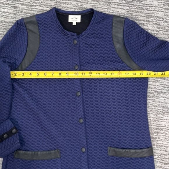 Sezane Quilted Long Line Jacket Navy with Black Leather Trim Size Medium - Picture 11 of 15